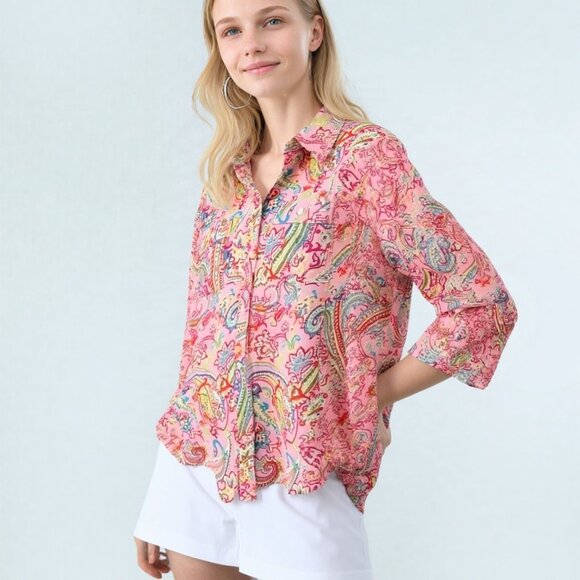 Chaps Tops - Chaps Classic Medium Pink Paisley Casual Bohemian Cottage Cotton Vintage Blouse